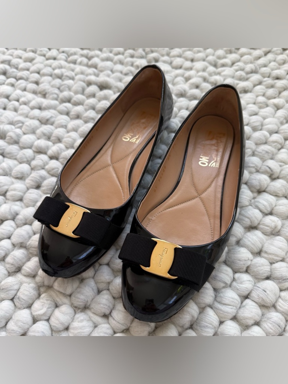 Ferragamo Varina Ballet Flat - Black Patent - Vara Bow with Gold Plate